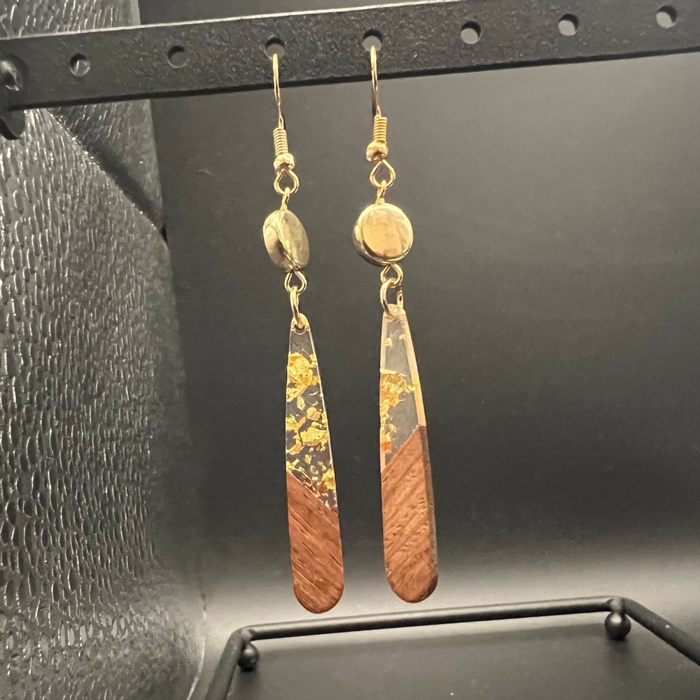 Chic Gold and Brown Dangle Wood and Acrylic Earrings